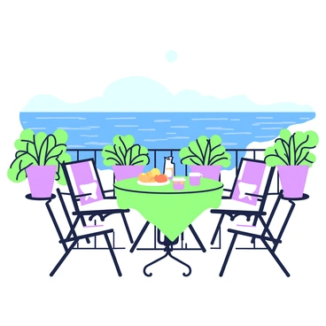 A sunlit balcony overlooks a vast Mediterranean sea. The balcony is adorned with green and purple potted plants arranged along the railing. In the center of the balcony, there is a round wooden table, set for breakfast. The table is covered with a green tablecloth and displays a plate piled with fresh fruits, including oranges and bananas. A glass pitcher filled with juice sits next to a pair of purple cups. Surrounding the table are four comfortable chairs, each with decorative pillows. In the background, the blue waves of the sea gently lap against the shore, under a clear sky.