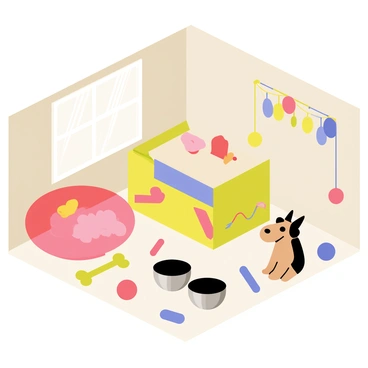 An isometric view of a pet room with colorful walls and a warm, inviting atmosphere. In one corner, there is a fluffy, round pet bed with soft cushions. Scattered around the room are various toys, including a squeaky bone, a bright red ball, and a feather wand. A small feeding area is set up with a pair of shiny stainless steel bowls placed on a cheerful mat. Natural light streams in through a window, illuminating the playful scene.