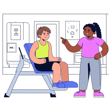 A newcomer to fitness is sitting on a chest press machine, looking slightly uncertain. This person has short brown hair and is wearing a bright green tank top and black workout shorts. They are adjusting the seat height on the machine with one hand, focused on finding the correct position. A supportive friend stands beside them, pointing at the machine with enthusiasm. The friend has long curly hair tied back in a ponytail and is wearing a purple t-shirt and gray leggings, showing encouragement with a smile. In the background, there are various gym equipment and motivational posters on the wall.