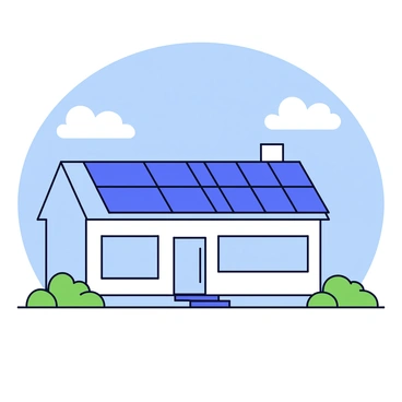 A modern house with a sleek design featuring large windows and a minimalist facade. The rooftop is entirely covered with solar panels, arranged in neat rows. The house is surrounded by a small garden with a few green shrubs and a pathway leading to the entrance. The sky above is bright blue with a few fluffy white clouds.