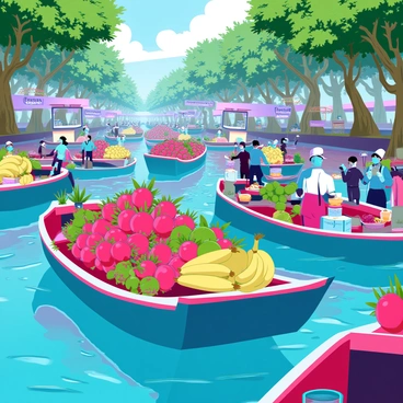 A bustling floating market in Thailand, filled with vibrant boats each laden with an array of colorful fruits such as bright red dragon fruits, yellow bananas, and green coconuts. The boats are wooden, reflecting traditional Thai craftsmanship, and are busy with merchants engaging with customers. Sunlight glimmers on the water's surface, enhancing the vivid colors of the produce. A lively atmosphere surrounds the market, with people in traditional clothing, some bargaining for fresh goods, while others enjoy snacks from small food stalls. Large leafy trees and lush greenery line the banks, creating a natural border to this vibrant scene. "Floating market" signs are visible in the background, adding to the cultural essence of the location.