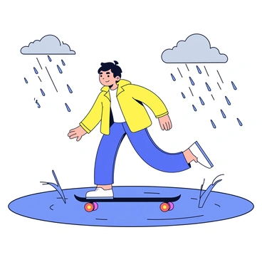 A longboarder wearing a bright yellow raincoat is gliding through a large puddle on a rainy day. Water splashes up around the board, creating droplets that catch the light. The longboard has a sleek design with colorful wheels. Rain is falling in sheets, creating ripples in the puddle. In the background, there are gray clouds filling the sky. The scene conveys a sense of movement and playfulness.