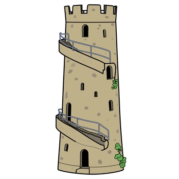 A tall, spiral tower maze made of stone, with a rough textured surface. The tower features winding stairs that wrap around the inner walls, with a railing made of iron. Narrow windows are spaced out along the tower, allowing small glimpses of the outside. Some of the windows are arched, while others are rectangular. The steps of the stairs are slightly uneven, adding to the maze-like feel. Small plants are growing in crevices of the stone walls, and a few vines are climbing up the exterior of the tower. The overall structure is imposing and intricate, inviting exploration.