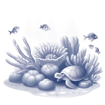 An underwater scene featuring a diverse array of marine animals swimming around a coral reef. The coral formations are intricate, showcasing various shapes and textures, with some corals resembling branching structures while others appear as soft, rounded mounds. Schools of fish with different sizes and shapes are darting in and out of the coral, some with long, flowing fins and others with more streamlined bodies. A sea turtle glides gracefully by, its shell detailed with patterns. A vibrant anemone sways gently, providing shelter to clownfish peeking out from within. Sunlight filters down from the surface, creating dappled patterns on the sandy ocean floor below.
