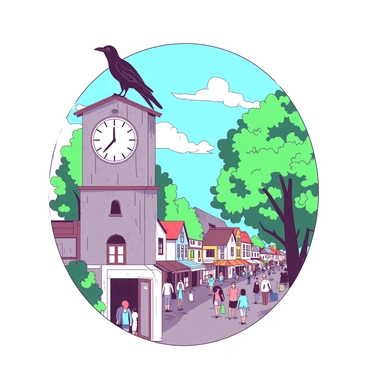A black crow is perched on the edge of a weathered clock tower, its feathers ruffled by a gentle wind. The clock face displays the time, with hands pointing to three o'clock. Below the tower, a bustling town is visible, with vibrant buildings lining the streets. People are walking, some are carrying shopping bags, while others are chatting. Trees with lush green leaves frame the scene, adding life to the busy atmosphere. The sky above is a soft shade of blue, contrasting with the dark silhouette of the clock tower and the activities of the town below.