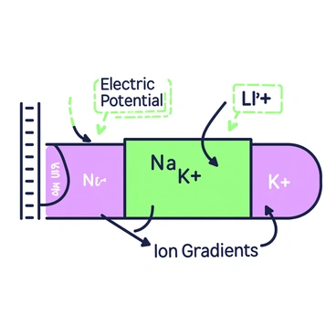 A diagram illustrating the electrical potential across a membrane due to ion gradients. In the center, there is a horizontal membrane with two regions on either side, labeled with the symbols for sodium (Na⁺) and potassium (K⁺) ions. Arrows indicate the direction of ion movement, with Na⁺ moving towards the membrane and K⁺ moving away. A vertical axis on the left shows the electrical potential, marked with values. Additionally, there are dotted lines illustrating the ion concentration gradients, with one side having a higher concentration of Na⁺ and the other of K⁺. Text boxes contain the terms "Electrical Potential" and "Ion Gradients" in clear, bold lettering.