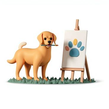 A dog, specifically a golden retriever, is standing on a grassy surface with a paintbrush held in its mouth. The dog has a playful expression, with its tail wagging and eyes bright. Next to the dog, there is an easel holding a canvas. The canvas displays colorful paw-painted art, featuring vibrant swirls of blue, red, and yellow, showcasing the dog's creativity. The sun is shining, casting warm light on the scene, highlighting the dog's shiny fur and the vivid colors of the artwork.