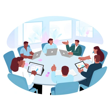 A diverse group of employees is gathered around a round table in a modern office setting. The team includes individuals of various ethnic backgrounds and genders, each actively engaging in discussion. Some team members are using laptops while others have notebooks and pens in front of them. The round table is cluttered with documents, colorful sticky notes, and a tablet displaying a digital presentation. The office features large windows that allow natural light to fill the space, and there are potted plants in the background for a touch of greenery.