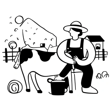 A farmer wearing a straw hat is seated beside a cow in a grassy pasture. The farmer's hands are positioned on the cow's udder, demonstrating the milking process. A wooden barn is visible in the background, with a fence enclosing the pasture. The sun is shining brightly, casting shadows across the ground. There are scattered hay bales around the farm, and a couple of trees dot the landscape. A bucket sits next to the farmer, ready to collect the milk.