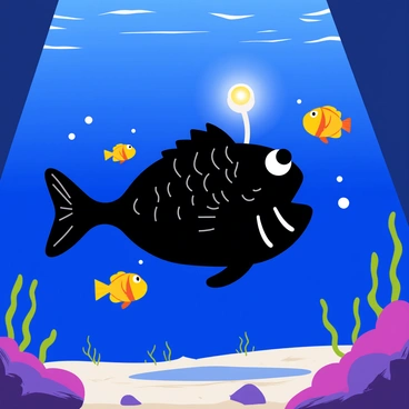 An anglerfish with a large, wide mouth and sharp teeth is positioned in the deep ocean. Its dark, textured body contrasts with the vibrant blue of the surrounding water. The anglerfish has a glowing lure extending from its head, illuminating the area with a soft light. Several curious tropical fish with bright colors, such as yellow and orange, are gathered around the anglerfish, drawn to the light of the lure. The ocean floor is visible in the background, covered with sediment and scattered rocks, adding to the underwater setting.