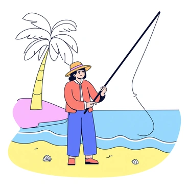 A person standing on a sandy tropical beach with a long fishing pole. The person is wearing a wide-brimmed hat and has a focused expression. In the background, there are tall palm trees swaying gently in the breeze. The water is a vibrant turquoise color, with gentle waves lapping at the shore. Small seashells are scattered on the sand around the person's feet.