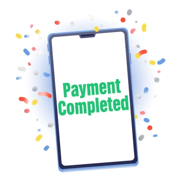 A smartphone with a sleek black frame is positioned at the center of the image, displaying a bright white screen that reads "Payment Completed" in bold green letters. Surrounding the smartphone is a vibrant shower of confetti in various colors, including red, blue, yellow, and silver. The confetti appears to be falling from above, creating a festive atmosphere. The background is a soft gradient that enhances the celebratory mood of the scene.