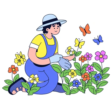 A gardener wearing a wide-brimmed hat is kneeling in a colorful flower garden. The gardener has a pair of gloves on and is gently watering the vibrant flowers. Surrounding the gardener, various butterflies in different colors, such as orange, yellow, and blue, are fluttering around the blossoms. The garden is filled with lush green leaves, and the sunlight casts soft shadows on the ground.