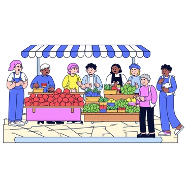 A lively morning market scene featuring several vendors. One vendor is selling bright red tomatoes arranged in neat stacks. Another vendor has an assortment of green leafy vegetables, including crisp lettuce and fresh herbs. There are baskets filled with colorful peppers, oranges, and apples on display. Shoppers are browsing the stalls, some holding shopping bags. The vendors are engaging with customers, smiling and offering samples. The ground is paved with light-colored stones, and there are striped awnings above the stalls providing shade.