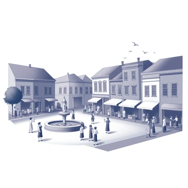 A town square filled with various people engaged in activities. There are men and women dressed in period clothing, some gathered in conversation while others stroll about. A central fountain is present, with water flowing and a few children playing nearby. Surrounding the square are shops with awnings, displaying goods in their windows. A cluster of trees provides some shade on one side of the square, and birds can be seen flying overhead. The buildings display classic architectural styles, with brick facades and decorative elements.