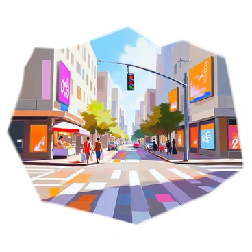 A cityscape view depicting a vibrant urban intersection where two streets meet at an angle, representing angles "2" and "5" prominently integrated into the scene. The streets are lined with modern buildings featuring large glass windows reflecting the hustle and bustle of city life. On one corner, a street vendor is selling snacks, while a couple of pedestrians walk by, each carrying shopping bags. Traffic lights hang above the intersection, and colorful billboards add a lively touch to the atmosphere. The layout of the streets creates dynamic shapes and pathways, giving a sense of movement and energy in the urban environment.
