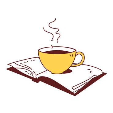 A cozy logo showing a steaming coffee cup resting on an open book