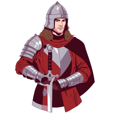 A detailed portrait of Boromir in his Gondorian armor. He is wearing a silver and black helmet that features intricate designs. His armor is composed of hardened leather and metal plates, showcasing a combination of red and silver coloring. Boromir's strong jawline and determined expression are prominent, with his long brown hair cascading down past his shoulders. He holds a large, ornate sword in his right hand, with the blade's hilt visible near his waist. The background features soft, muted tones that enhance the focus on Boromir's figure and attire.