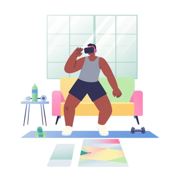 A person with dark skin is immersed in a virtual reality workout session at home. They are wearing a black VR headset and wireless headphones. The individual is dressed in a fitted gray tank top and black athletic shorts. The living room has a large window allowing natural light to fill the space, and there is a colorful yoga mat on the floor. To the left, a water bottle sits on a small table, and a pair of dumbbells are placed beside it. The person is in a dynamic pose, appearing to engage with virtual elements in their workout.