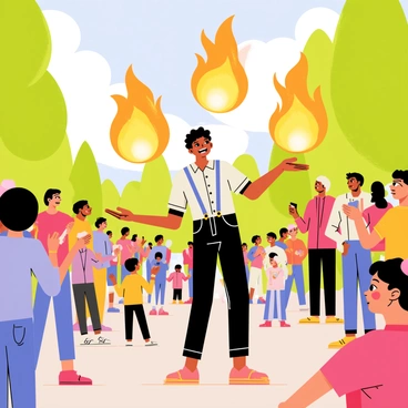 A street performer with short black hair wearing a colorful shirt and suspenders is juggling three large flaming fireballs. The fireballs are bright orange and yellow, casting a warm glow around him. The performer has an intense focus on his act, with a wide smile on his face. Surrounding him, a diverse audience of adults and children watches in awe, their faces illuminated by the flames. In the background, there are green trees and a clear blue sky, creating a vibrant atmosphere in the park. Some audience members are cheering and clapping, while others are holding their phones up to capture the moment.