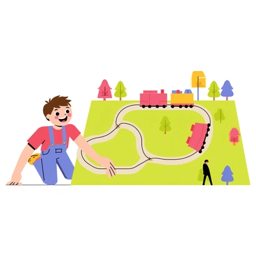 A cartoon boy with short brown hair, wearing a red t-shirt and blue overalls, is happily setting up a colorful toy train set. The train set features bright red and yellow trains moving around the tracks, which are laid out in a winding pattern. The boy is kneeling beside the tracks, with a big smile on his face, watching the train as it goes around. The scene includes a green tabletop with a small town and trees made of plastic, adding to the whimsical atmosphere.