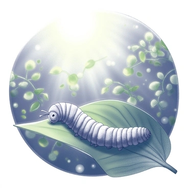 A caterpillar is nestled on a green leaf, its elongated body slowly unfurling as it wakes up. The first rays of sunlight filter through the dense canopy of trees, casting soft light on the caterpillar's textured surface. Surrounding the caterpillar, various shades of green foliage create a rich tapestry of the forest environment. The caterpillar extends its body, stretching in response to the warmth of the sun. Small droplets of dew glisten on the leaves nearby, enhancing the freshness of the early morning scene.