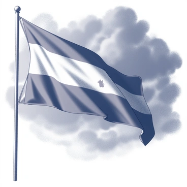 A national flag prominently displayed on a flagpole. The flag features a tear running through its center, visibly disrupting its design. The background consists of a stormy sky filled with dark, swirling clouds, creating a dramatic atmosphere. The flag appears slightly tattered at the edges, fluttering in the wind as the clouds loom overhead, emphasizing the turbulent scene.