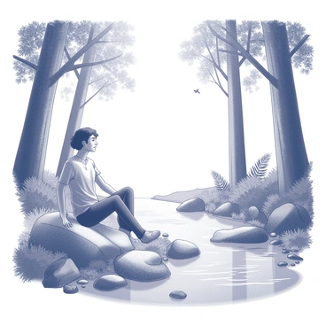 A person sitting on a smooth rock beside a forest stream. The individual has their legs crossed and is leaning slightly forward, with a peaceful expression on their face. Surrounding them are tall trees with thick trunks and abundant foliage. The stream flows gently, its surface shimmering as it reflects the light filtering through the leaves. Various rocks and pebbles line the edge of the water, and the sound of birds can be implied by the motion of small creatures flitting through the branches above. Soft undergrowth, such as ferns and small shrubs, frames the scene, enhancing the sense of tranquility in the forest.