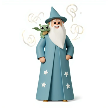 A small dragon, with vibrant green scales and large, expressive eyes, is perched on a wizard's shoulder. The wizard, wearing a long, blue robe adorned with silver stars and a pointed hat, has a friendly expression on his face. The dragon is puffing tiny clouds of smoke, which drift upwards in intricate swirls. In the background, there are faint hints of magical symbols glowing softly, adding a sense of enchantment to the scene. The wizard's beard is long and white, flowing gently as he stands proudly with the dragon.