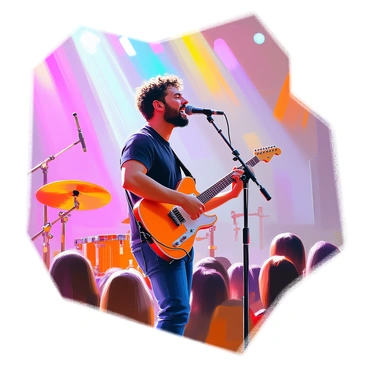 A musician performing passionately on stage with a guitar, under bright stage lights