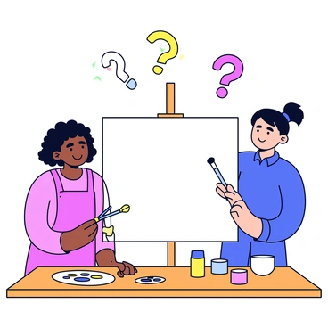 Two artists are standing side by side, each holding a paintbrush. One artist has curly hair and is wearing a bright red apron, while the other has a ponytail and is dressed in a blue shirt. They are both focused on a large canvas in front of them. Above them, "swirling question marks" are depicted in the air, swirling in various colors like green, yellow, and purple. The artists are surrounded by paint tubes and brushes scattered on a wooden table, with a palette in the hand of the artist on the left. The background is a simple white wall, emphasizing their creative environment.