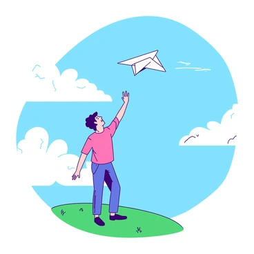A person is standing on a grassy field with one hand raised, gently releasing a white paper airplane into the air. The paper airplane catches the sunlight as it ascends towards a clear sky. The person's expression is focused and hopeful, embodying a sense of optimism. Fluffy white clouds drift lazily in the background, contrasting with the vibrant blue overhead.