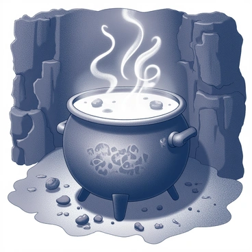 A large cauldron sits in the middle of a dark cave. The cauldron is made of iron with intricate designs etched into its surface. Wisps of swirling smoke rise from the boiling liquid inside, curling and twisting into the air. Various ingredients such as "eye of newt" and "spider legs" are scattered around the cauldron, some partially submerged in the bubbling potion. The cave walls are rugged and uneven, with shadows enhancing the mysterious atmosphere. The ground is uneven and littered with small stones and dirt, adding to the ruggedness of the scene.
