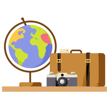 A vintage globe with a textured surface and colorful continents is positioned on a wooden table. Next to the globe is a brown leather suitcase with brass buckles, slightly open to reveal some travel documents. An old-fashioned camera with a metallic finish sits nearby, featuring a large lens and a worn strap. The arrangement of these items suggests a nostalgic theme of past travels and adventures.
