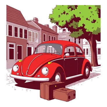 A red classic VW Beetle is parked on a cobblestone street surrounded by quaint brick buildings. The car's shiny chrome bumpers reflect the sunlight, and its rounded shape is highlighted against the backdrop. A large tree with lush green leaves stands to the side, casting a soft shadow over the vehicle. In the foreground, a pair of vintage leather suitcases are placed beside the Beetle, suggesting a sense of adventure. The overall atmosphere evokes a nostalgic feeling, as if capturing a moment from the past.