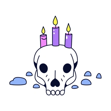 A dog skull positioned at the center of the image. The skull has intricate details, such as defined teeth and eye sockets. On top of the skull, there are three lit candles, each in different heights, with a soft glowing flame. The candles have a waxy texture, and some wax is dripping down the sides. Surrounding the skull are small pebbles, adding to the shrine-like appearance. The overall arrangement emphasizes the contrast between the skull and the warmth of the candlelight.