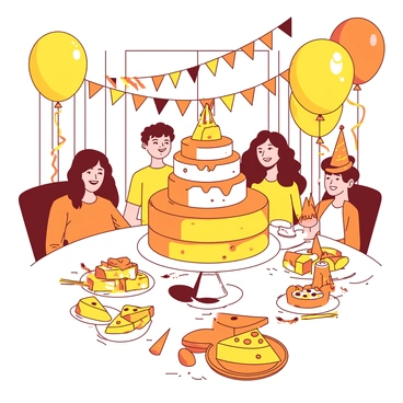A yellow cheese-themed birthday party is set up in a bright room. In the center, there is a large, round cake made entirely of stacked cheese wheels, decorated with orange icing that resembles cheese sauce. Around the cake, there are cheerful decorations, including yellow and orange balloons tied to the chairs and colorful streamers hanging from the ceiling. On the table, various types of cheese are arranged on platters, alongside yellow napkins and orange party hats. There are smiling guests in the background, wearing bright colors and enjoying the festive atmosphere.