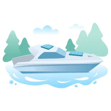 A sleek boat gliding over a calm lake, its surface reflecting the gradient pastel colors of the sky. The boat is modern in design, featuring smooth lines and a streamlined shape. Solar panels are mounted on the roof of the boat, catching the sunlight. Surrounding the lake are lush green trees, their reflections visible in the water. Gentle ripples form around the boat as it moves through the water, creating a serene atmosphere.