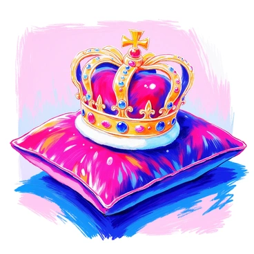 A royal crown rests on a plush velvet pillow. The crown is intricately designed, featuring an array of stunning rubies and sapphires embedded within its golden framework. The rubies are deep red, glimmering in the light, while the sapphires display a rich blue hue that contrasts beautifully with the gold. The velvet pillow is richly textured, adding an element of luxury to the presentation, with its deep color enhancing the brilliance of the crown.