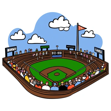 A historic baseball park with green grass and a dirt infield. The vintage scoreboards display scores in large, bold numbers. Old-fashioned bleachers made of wood are filled with fans wearing vintage baseball attire. Some spectators are clapping, while others are eating popcorn and drinking soda. The sky above is bright blue with a few fluffy white clouds. A tall flagpole stands in one corner with a baseball team flag gently waving in the breeze.