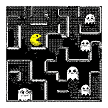 An iconic Pac-Man game scene is displayed, featuring a maze filled with numerous small dots scattered throughout. The walls of the maze are outlined clearly, creating a complex labyrinth. A yellow Pac-Man character is shown in profile, with his mouth wide open, moving along the pathways. Several ghosts with distinct shapes are positioned around the maze, each with a unique expression as they pursue Pac-Man. The overall layout captures the classic arcade game atmosphere.