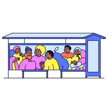 A vibrant mural painted on the side of a new bus stop. The mural features bold colors and dynamic shapes to represent community unity. Different figures and symbols are depicted, showcasing various cultures and activities within the community. The bus stop has a simple, modern design with a transparent roof and benches for waiting passengers.