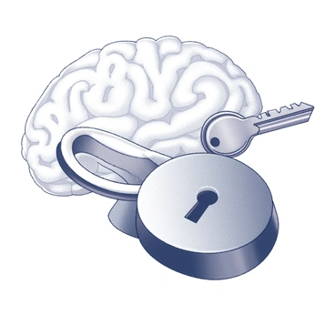 A large lock positioned prominently, featuring intricate details and a shiny metallic surface. The lock has a keyhole that is clearly visible and slightly larger than average. A key is being inserted into the lock, showcasing an ornate design with grooves and patterns along its shaft. In the background, an abstract representation of a human mind can be seen, visually suggested through swirling lines and shapes that resemble neural pathways or thoughts. These forms are interwoven, creating a sense of depth and complexity, evoking the idea of mental processes and ideas being unlocked.