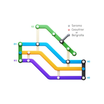 A subway map featuring multiple lines, each displayed in a distinct color from a vibrant palette. The lines are clearly defined and interconnected at various stations marked with dots. Each station is labeled with its name in bold typeface. The background is minimalist, enhancing the clarity of the colorful lines and stations. The overall composition is clean and easily readable.