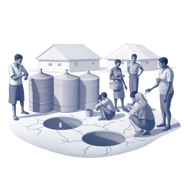 A village scene depicting a group of individuals gathered around several empty water tanks. The tanks are made of metal and show signs of rust and wear. Nearby, a series of dry wells can be seen, with cracked earth surrounding them. A few villagers are crouched down, inspecting the wells, while others stand with expressions of concern on their faces. The background features simple, rustic houses with thatched roofs, and an open sky above, indicating a lack of rain. Some villagers are holding buckets, suggesting their need for water. The overall atmosphere conveys a sense of urgency and struggle.