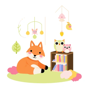 A cozy nursery corner featuring a soft, plush fox sitting on a light green rug. Next to the fox, there is a cute, fluffy owl perched on a small wooden bookshelf filled with colorful children's books. The walls are adorned with illustrations of trees and flowers, complementing the woodland theme. A pastel-colored mobile hangs above, displaying various woodland creatures like rabbits and deer. A gentle nightlight in the shape of a mushroom provides a warm glow in the corner. Soft cushions shaped like leaves are scattered on the floor.
