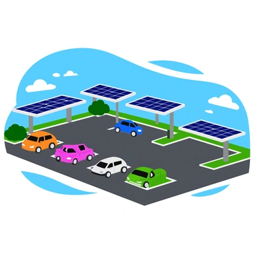 A spacious parking lot filled with several parked cars underneath large solar panel canopies. Each canopy features a sleek design with solar panels spread across the top, creating a patterned shadow on the ground. The cars are of various colors and models, neatly arranged in rows. The asphalt of the parking lot is a dark gray, contrasting with the bright blue sky above. A few green shrubs are planted along the edges of the lot, adding a touch of greenery to the scene. The overall atmosphere conveys a sense of modernity and sustainability.