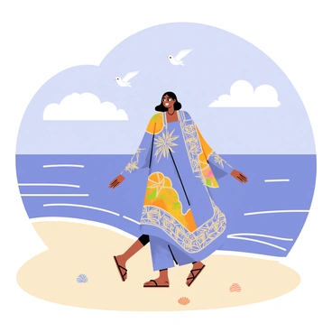 A coastal scene featuring a woman wearing a flowing, colorful kaftan as she walks along the shoreline. The kaftan has intricate patterns in shades of blue and orange. Gentle waves lap at the sandy beach, and seagulls can be seen flying above. The sky is a bright blue with fluffy white clouds, creating a cheerful atmosphere. A few scattered seashells are visible in the sand as she strolls, looking content.