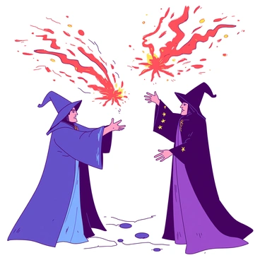 Two wizards in a magical duel, colorful spells swirling around them