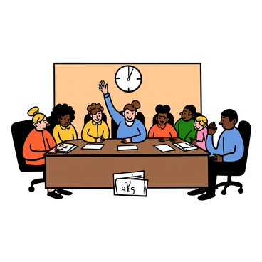 A clipart depiction of a jury in a deliberation room. The jury consists of eight diverse individuals with varying skin tones and hairstyles, seated around a large rectangular table. Each juror has a serious expression as they engage in discussion. One juror, a light-skinned woman with curly hair, is raising her hand to speak, while another juror, a dark-skinned man with short hair, is listening intently, leaning forward. A light wooden wall serves as the backdrop, and a large clock is visible on the wall, indicating the time. Papers and notebooks are scattered across the table, suggesting an active conversation about the "importance of rights."
